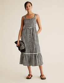 M&S  Pure Cotton Checked Midi Waisted Dress